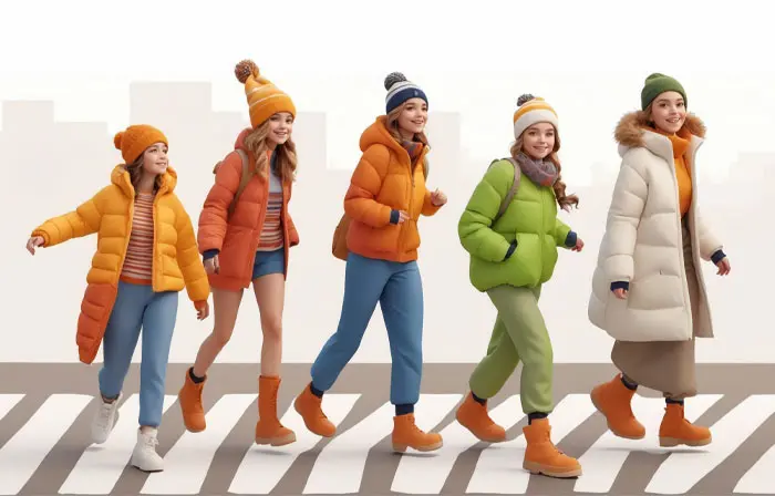 Group of Girls Crossing the Road 3D Graphic Character Artwork Illustration